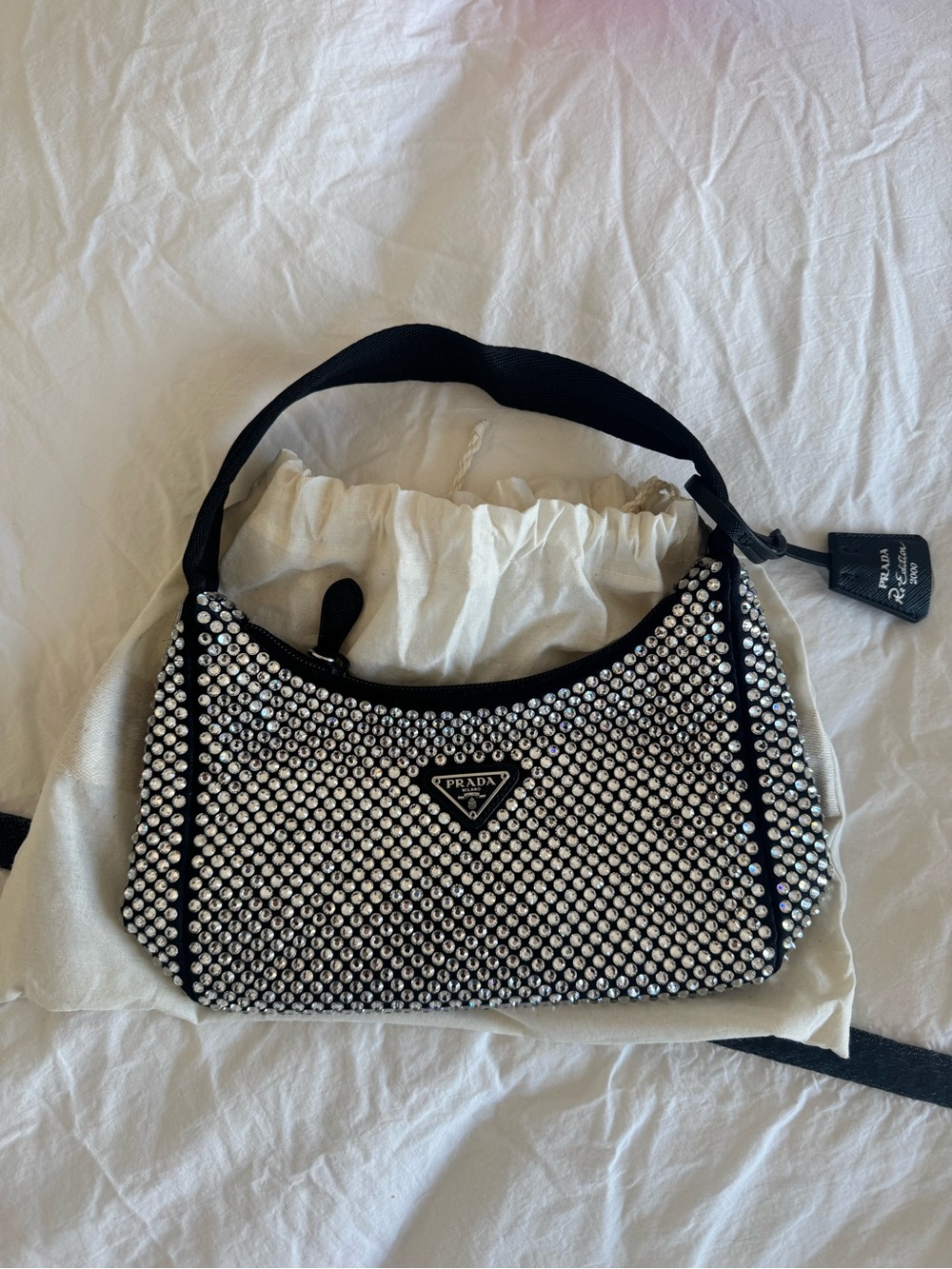Prada Black Crystal-Embellished Shoulder Bag Re-Edition 2000